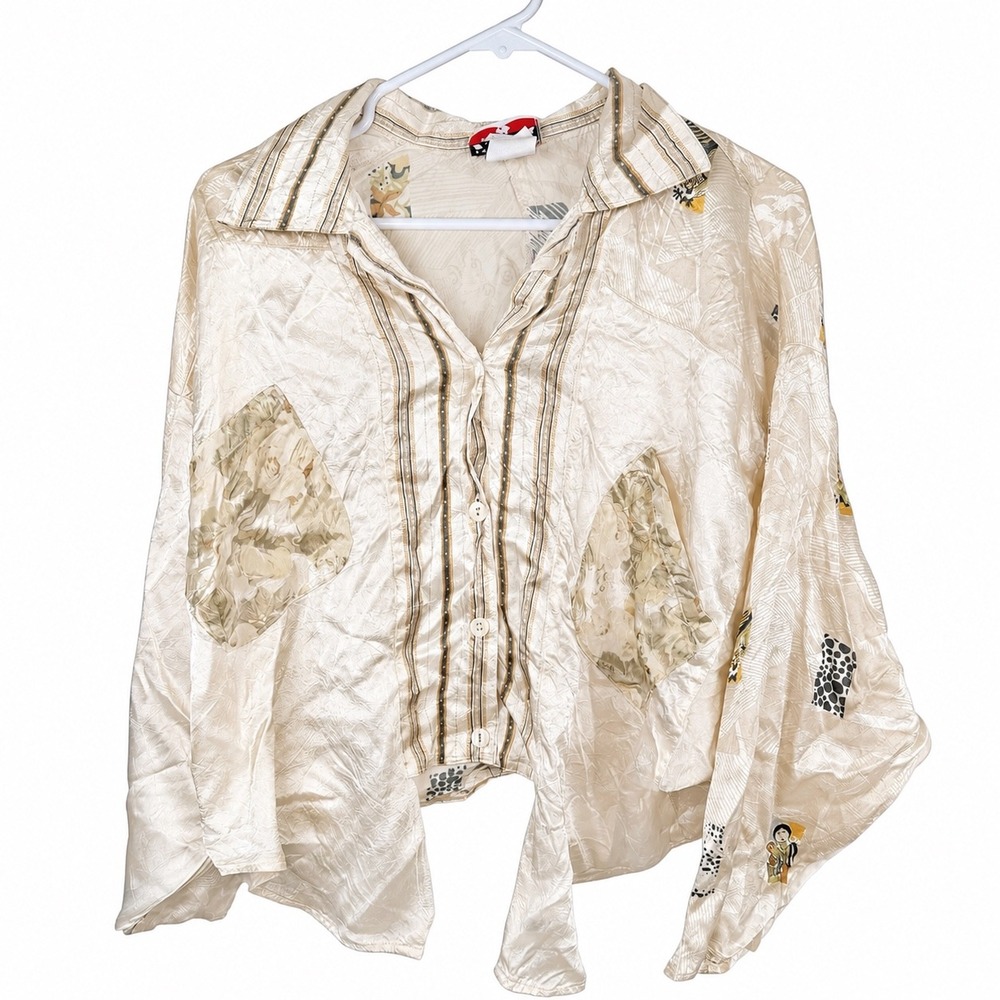 Contempo Casuals Blouse Womens L Cream Satin Finish Boho 90s Vintage Art Shirt